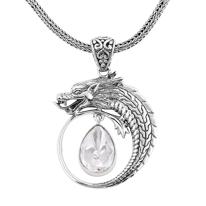 Bali Legacy Polki Moissanite Dragon Pendant Necklace 20 Inches in Sterling Silver 1.00 ctw