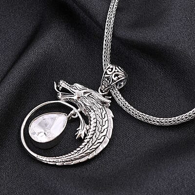 Bali Legacy Polki Moissanite Dragon Pendant Necklace 20 Inches in Sterling Silver 1.00 ctw