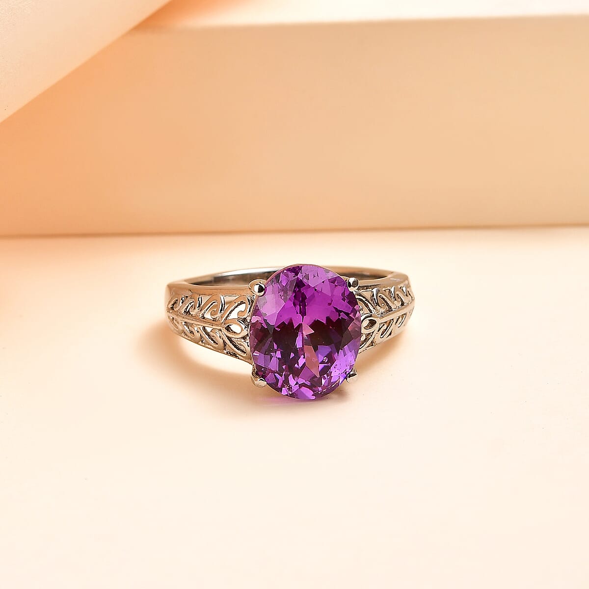 Lab Created Purple Sapphire Solitaire Ring in Stainless Steel (Size 11.0) 5.50 ctw | Tarnish-Free, Waterproof, Sweat Proof Jewelry image number 1