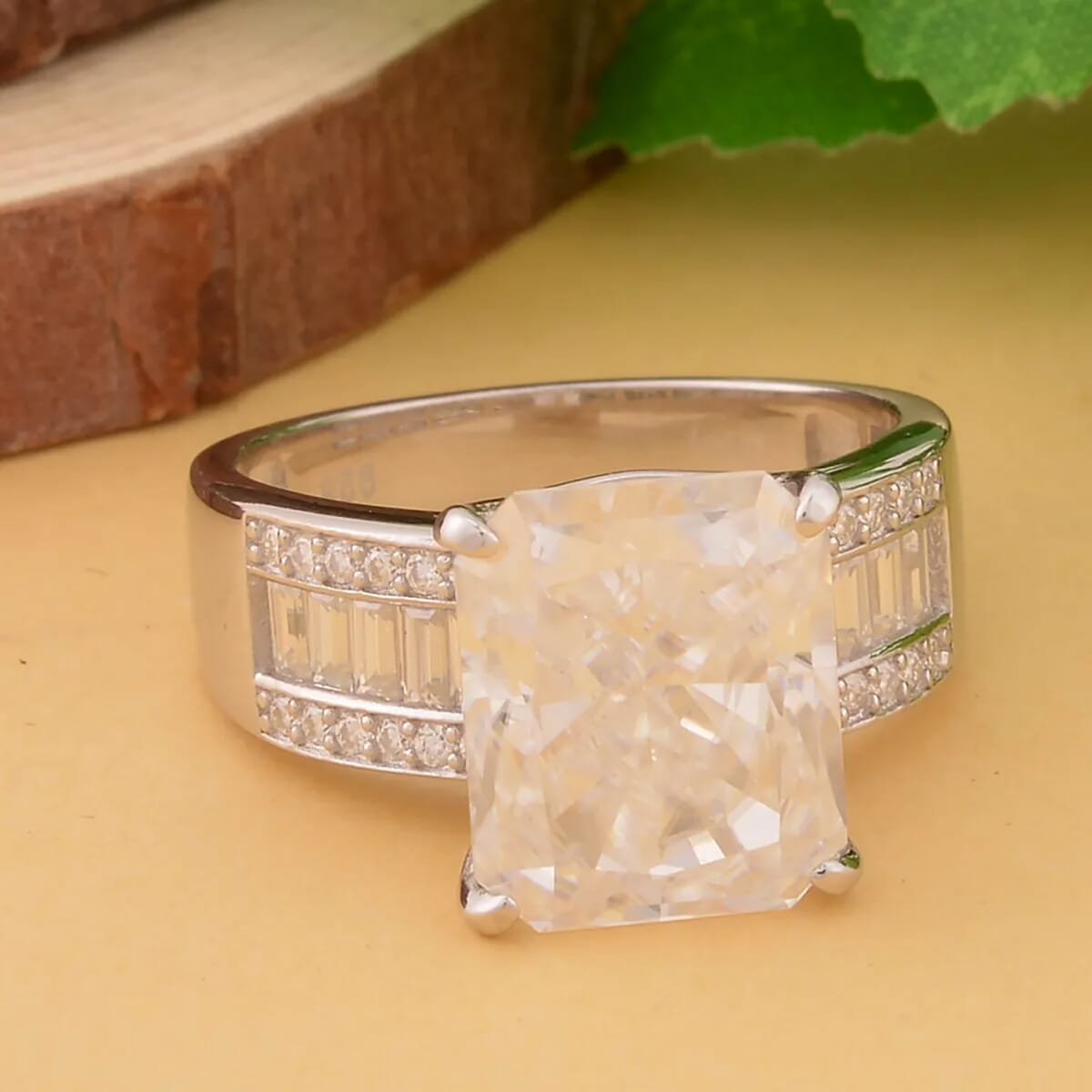 Moissanite (Oct 12x10mm) Ring in Rhodium Over Sterling Silver (Size 10.0) 7.35 ctw image number 1