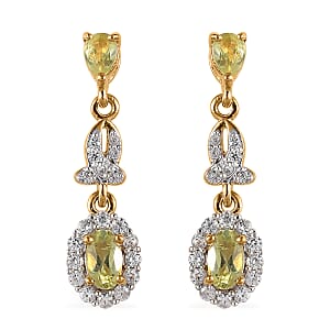 Natural Chrysoberyl and White Zircon Dangle Earrings in Vermeil Yellow Gold Over Sterling Silver 1.25 ctw