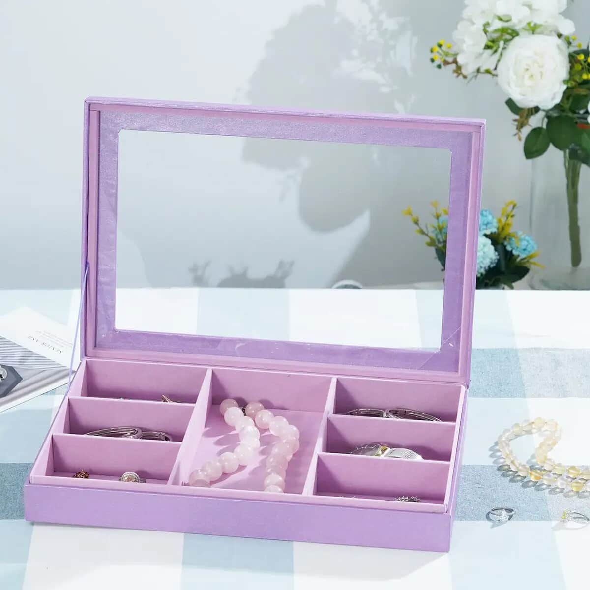 Purple Color Embossed Paper and MDF Jewelry Box with 7 Sections (13.8"x9.4"x2.17") image number 1