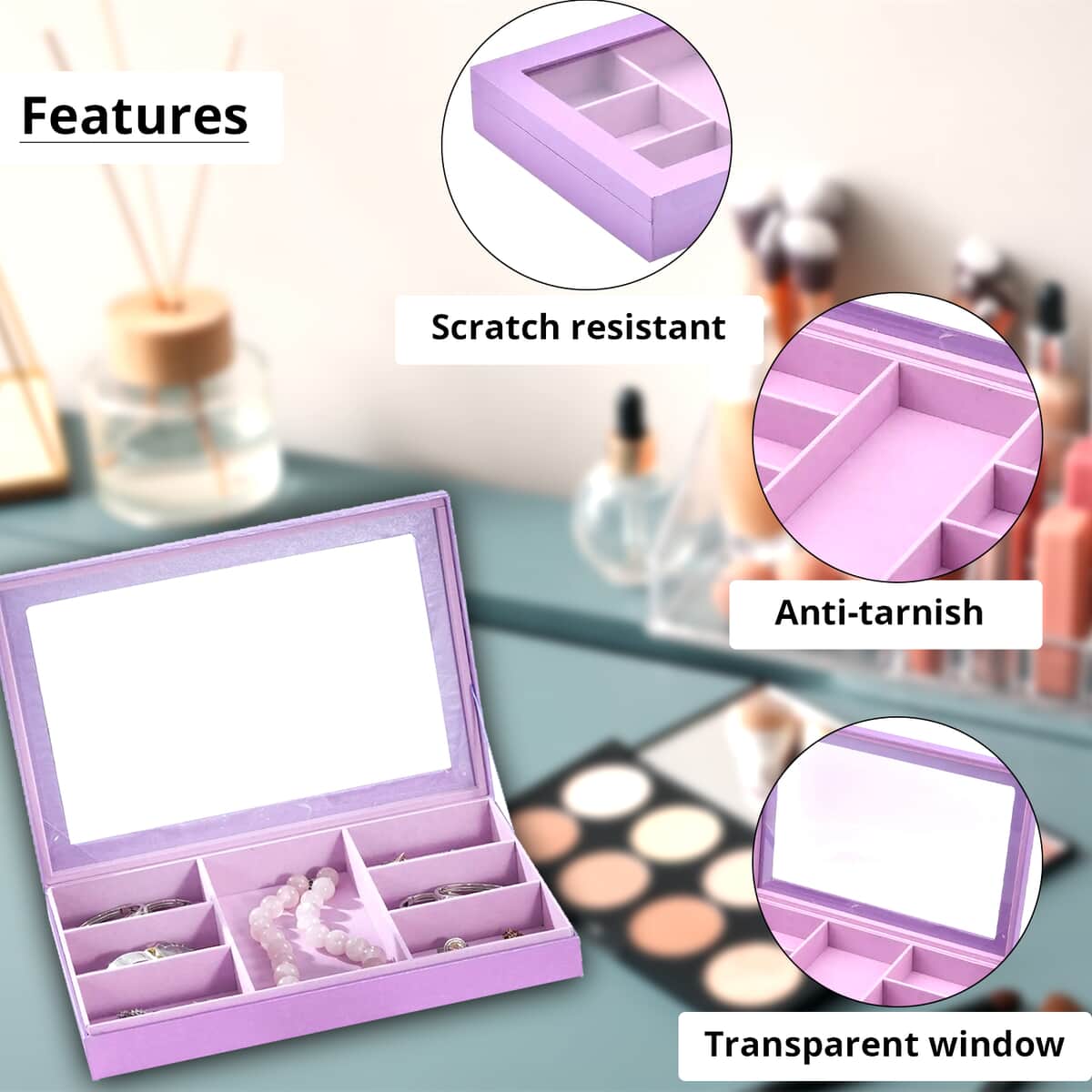 Purple Color Embossed Paper and MDF Jewelry Box with 7 Sections (13.8"x9.4"x2.17") image number 2