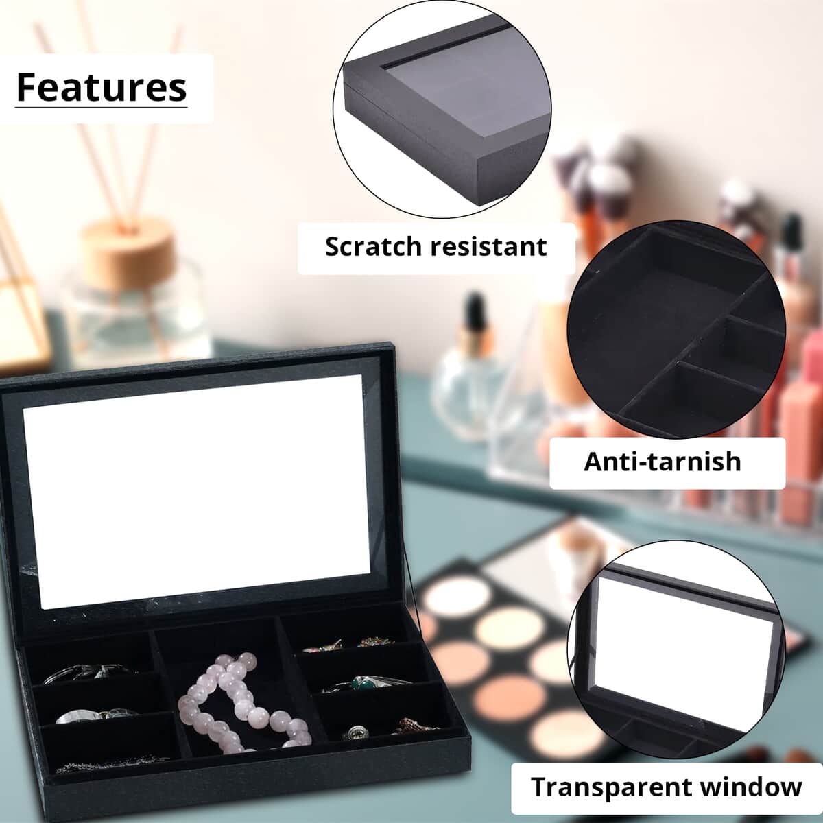 Black Embossed Paper and MDF Jewelry Box with 7 Sections , Jewelry Storage Box for Women , Jewelry Case , Jewelry Organizer image number 2
