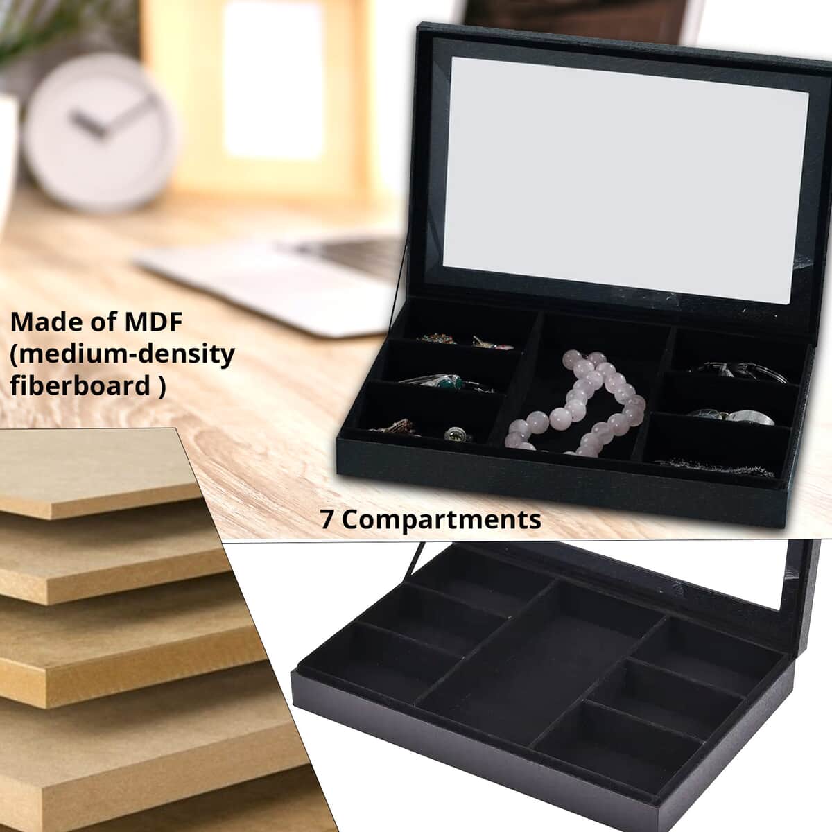 Black Embossed Paper and MDF Jewelry Box with 7 Sections , Jewelry Storage Box for Women , Jewelry Case , Jewelry Organizer image number 3