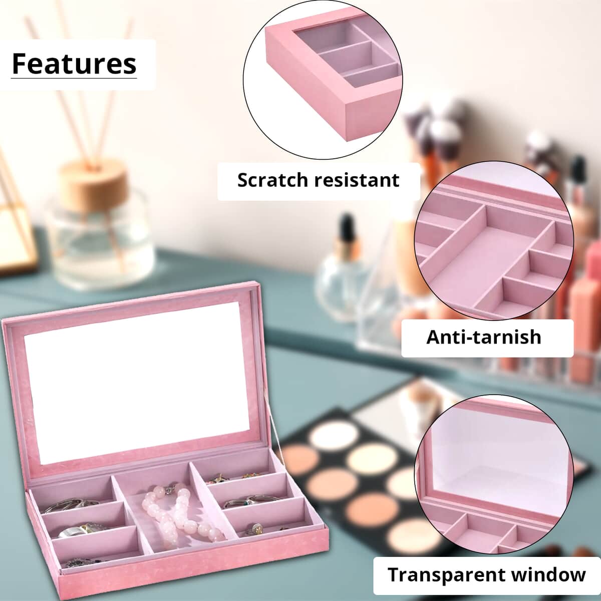 Pink Embossed Paper and MDF Jewelry Box with 7 Sections , Jewelry Storage Box for Women , Jewelry Case , Jewelry Organizer image number 2