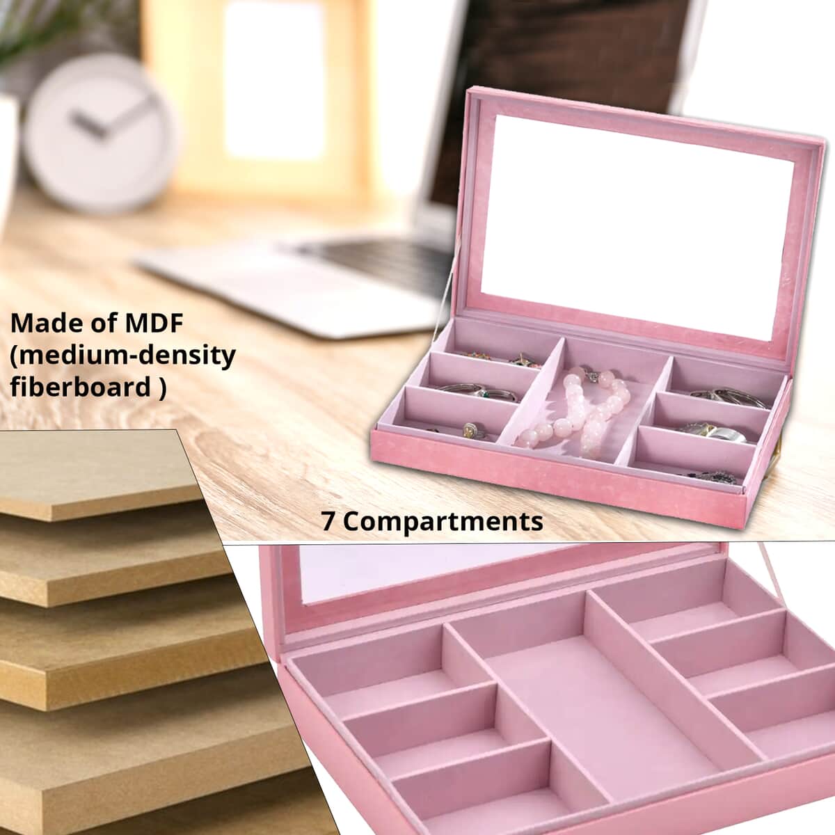 Pink Embossed Paper and MDF Jewelry Box with 7 Sections , Jewelry Storage Box for Women , Jewelry Case , Jewelry Organizer image number 3