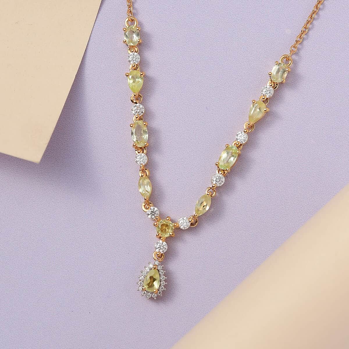 Premium Natural Chrysoberyl and Moissanite Y-Shape Necklace 18 Inches in Vermeil Yellow Gold Over Sterling Silver 2.10 ctw image number 1