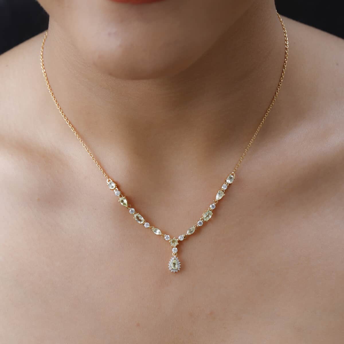 Premium Natural Chrysoberyl and Moissanite Y-Shape Necklace 18 Inches in Vermeil Yellow Gold Over Sterling Silver 2.10 ctw image number 2