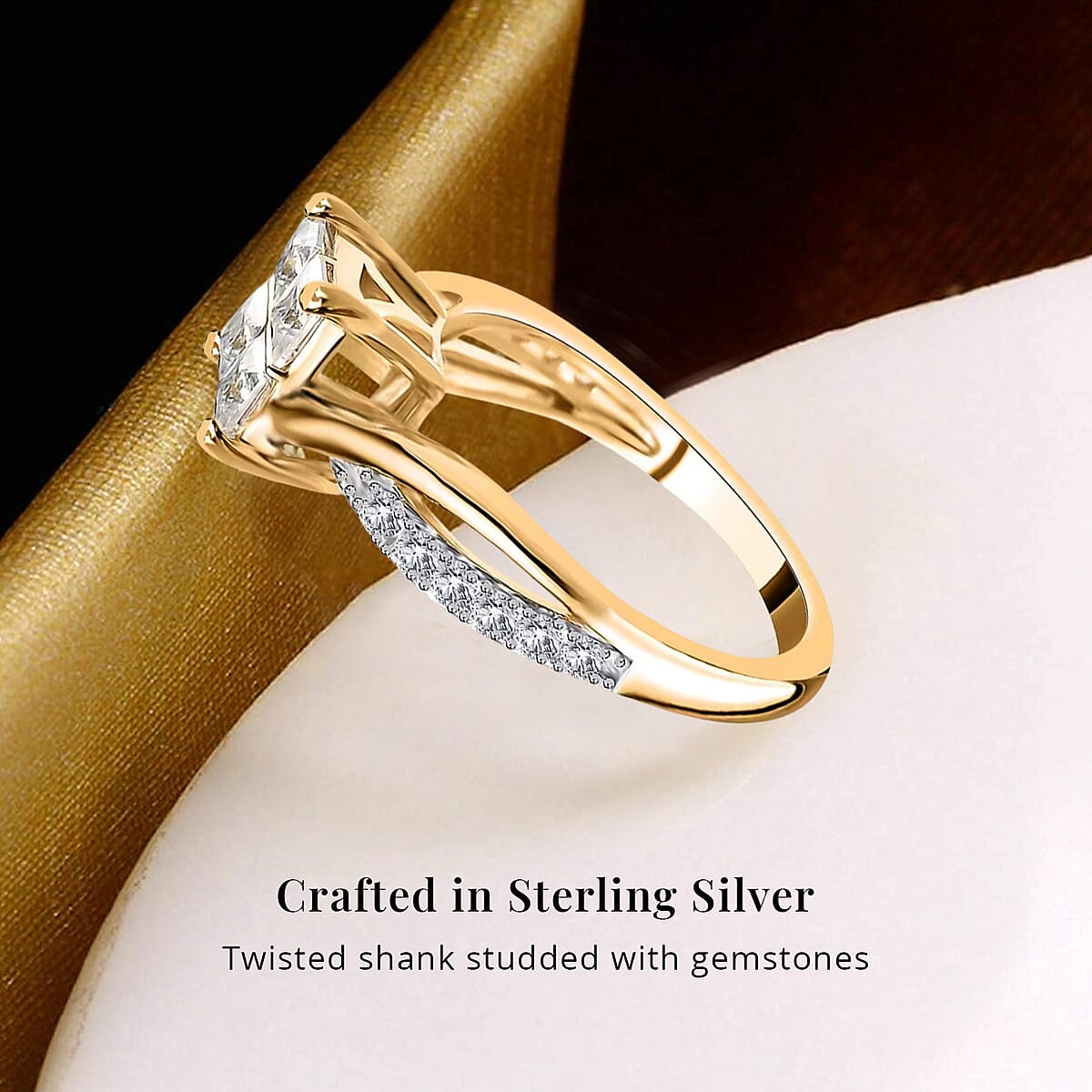 Moissanite 0.85 ctw Ring, Square Moissanite Ring, Twisted Shank Ring, Vermeil Yellow Gold Over Sterling Silver Ring (Size 11.0) image number 2