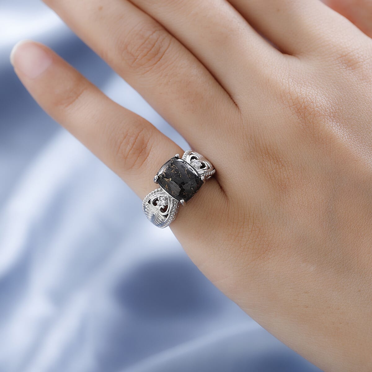 Karis Matrix Silver Shungite and Simulated Diamond Ring in Platinum Bond (Size 11.0) 3.10 ctw image number 2