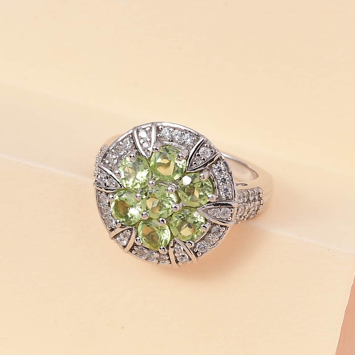 American Natural Arizona Peridot and Natural White Zircon Ring in Platinum Over Sterling Silver 3.00 ctw image number 1