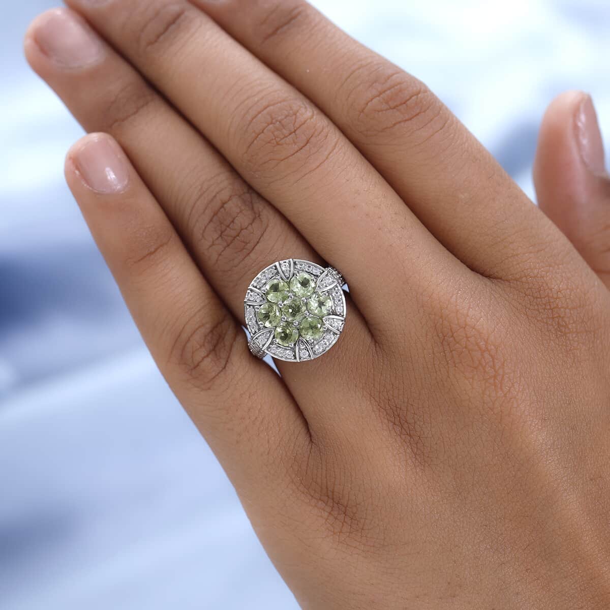American Natural Arizona Peridot and Natural White Zircon Ring in Platinum Over Sterling Silver 3.00 ctw image number 2