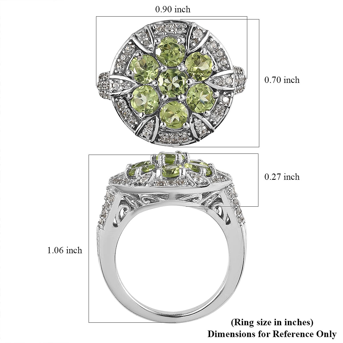 Arizona Peridot and White Zircon Ring in Platinum Over Sterling Silver (Size 10.0) 3.00 ctw