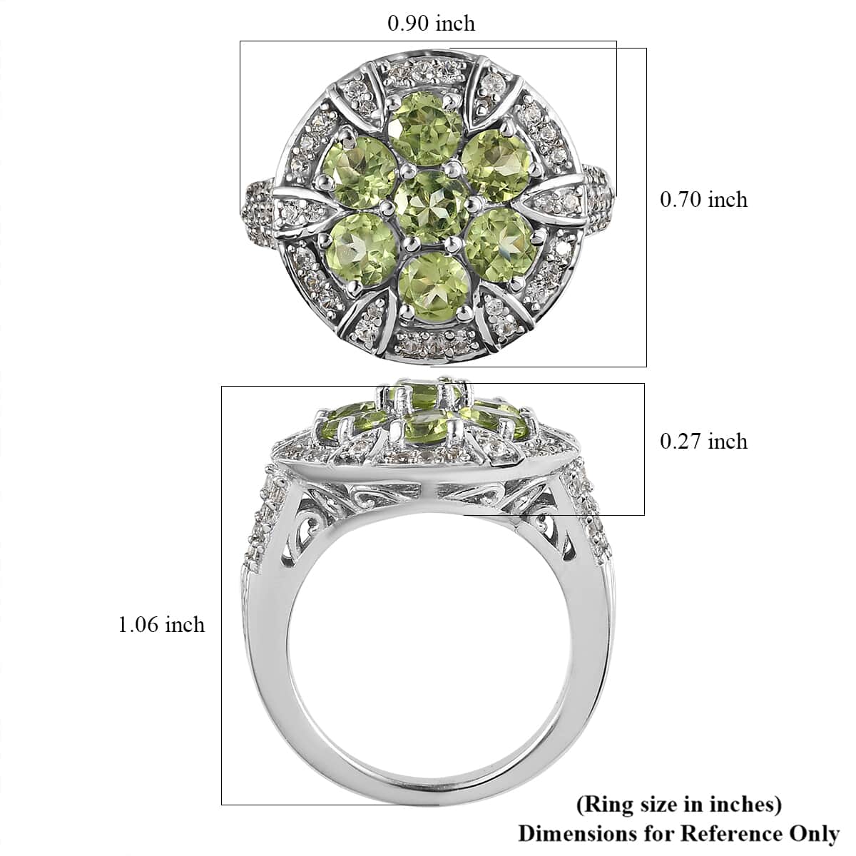 American Natural Arizona Peridot and Natural White Zircon Ring in Platinum Over Sterling Silver 3.00 ctw image number 5