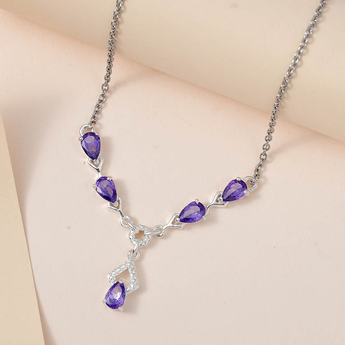 Simulated Purple Color Diamond Necklace 18 Inches in Sterling Silver and Stainless Steel 2.85 ctw image number 1