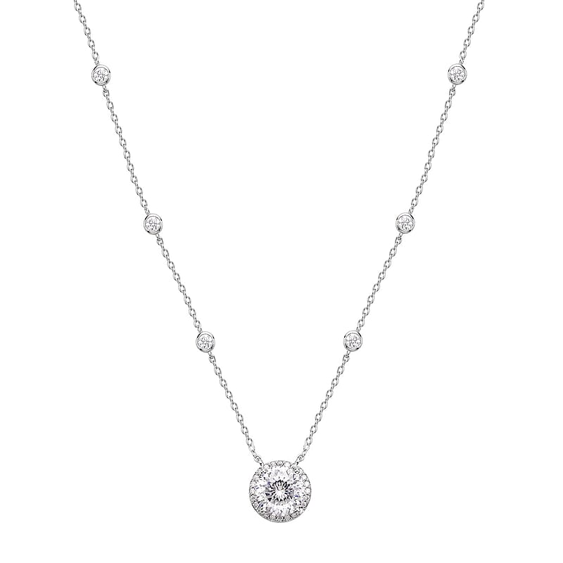 100 Facets Moissanite Halo Necklace 18 Inches in Rhodium Over Sterling Silver 4.35 ctw