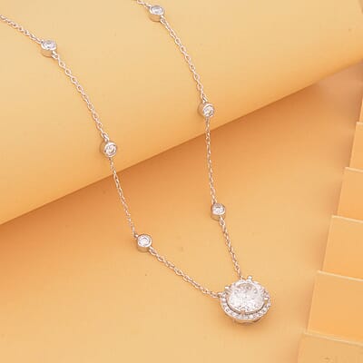 100 Facets Moissanite Halo Necklace 18 Inches in Rhodium Over Sterling Silver 4.35 ctw