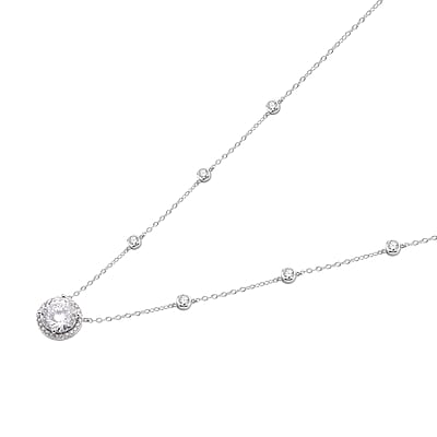 100 Facets Moissanite Halo Necklace 18 Inches in Rhodium Over Sterling Silver 4.35 ctw