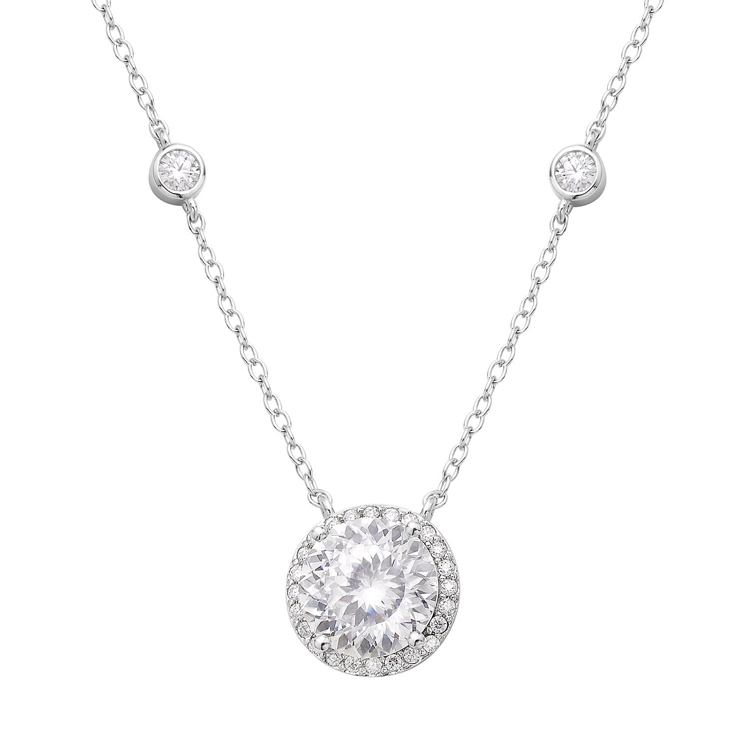 100 Facets Moissanite Halo Necklace 18 Inches in Rhodium Over Sterling Silver 4.35 ctw