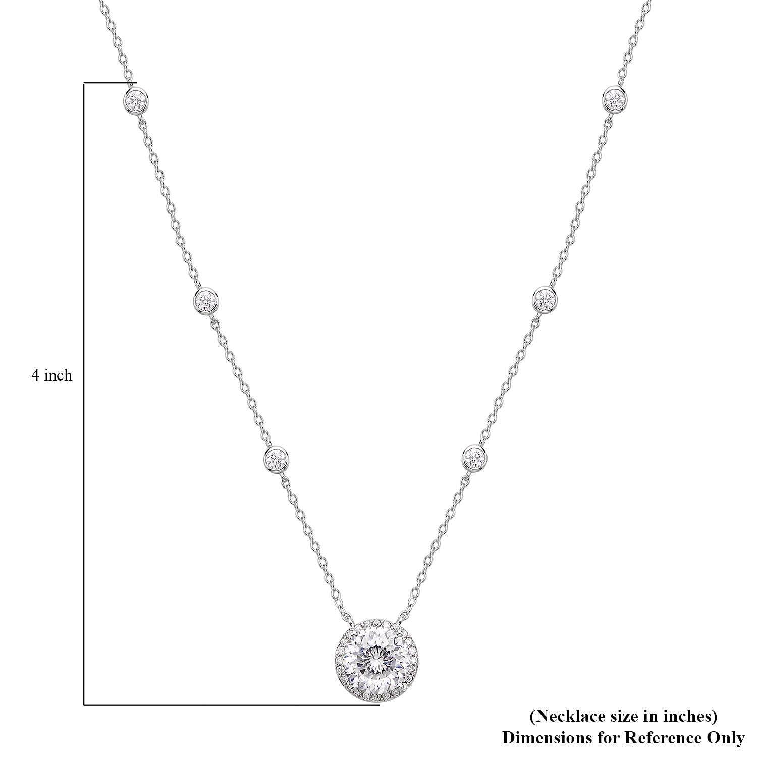 100 Facets Moissanite Halo Necklace 18 Inches in Rhodium Over Sterling Silver 4.35 ctw