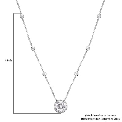 100 Facets Moissanite Halo Necklace 18 Inches in Rhodium Over Sterling Silver 4.35 ctw