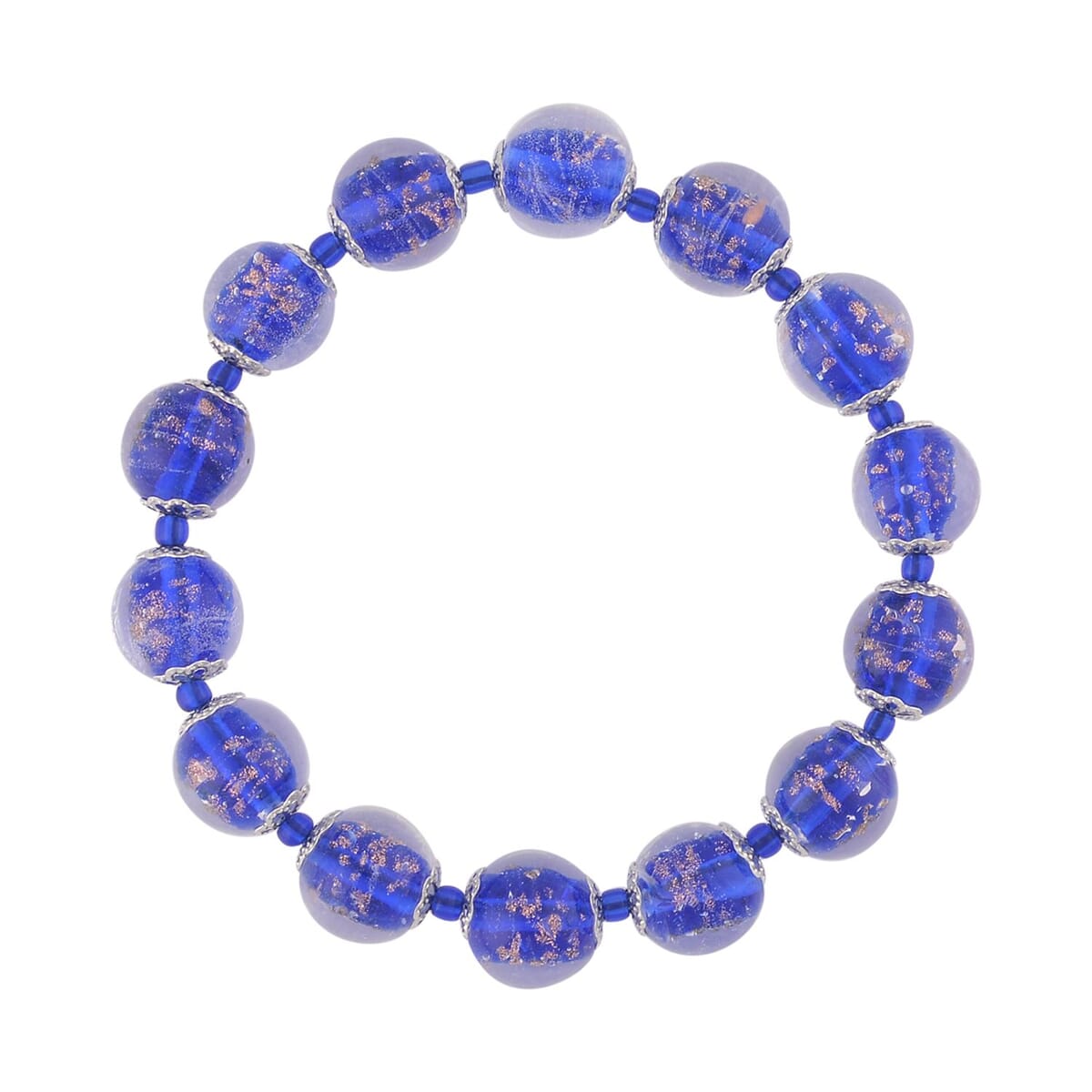 Blue Color Murano Style and Blue Glass Beaded Stretch Bracelet in Silvertone image number 0