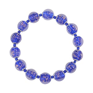 Blue Color Murano Style and Blue Glass Beaded Stretch Bracelet in Silvertone