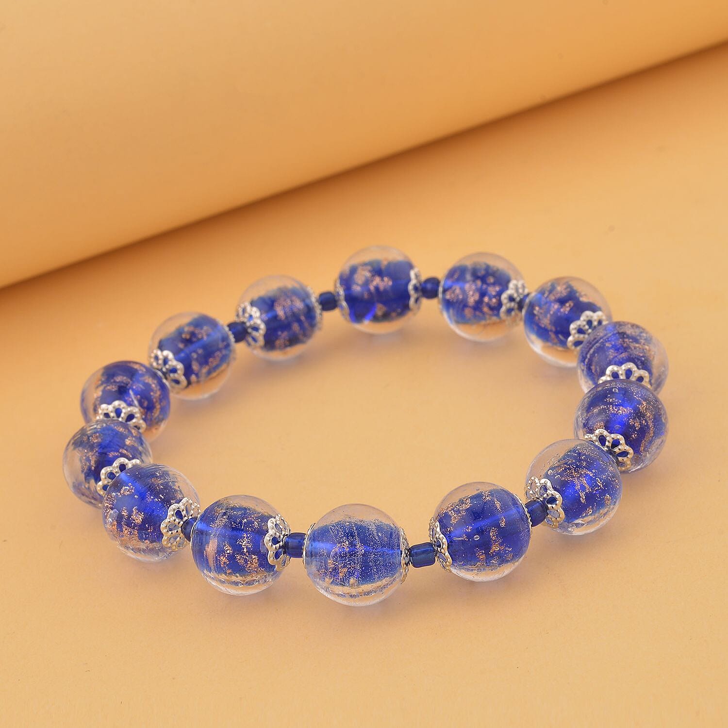 Blue Color Murano Style and Blue Glass Beaded Stretch Bracelet in Silvertone