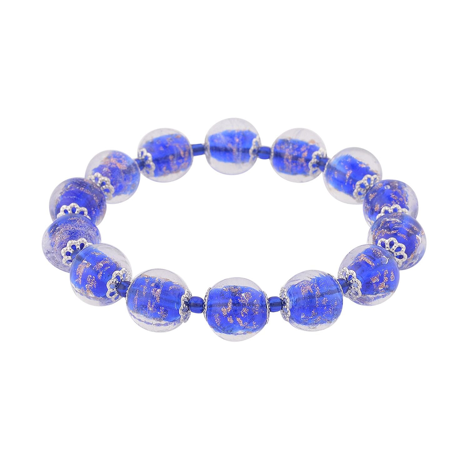 Blue Color Murano Style and Blue Glass Beaded Stretch Bracelet in Silvertone