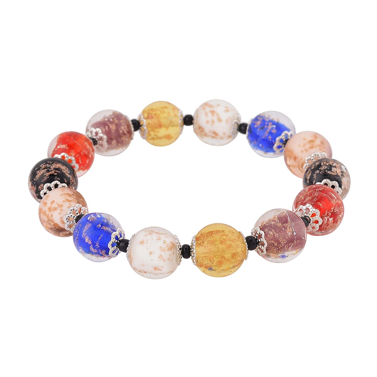 Multi Color Murano Style and Black Glass Beaded Stretch Bracelet in Silvertone image number 2
