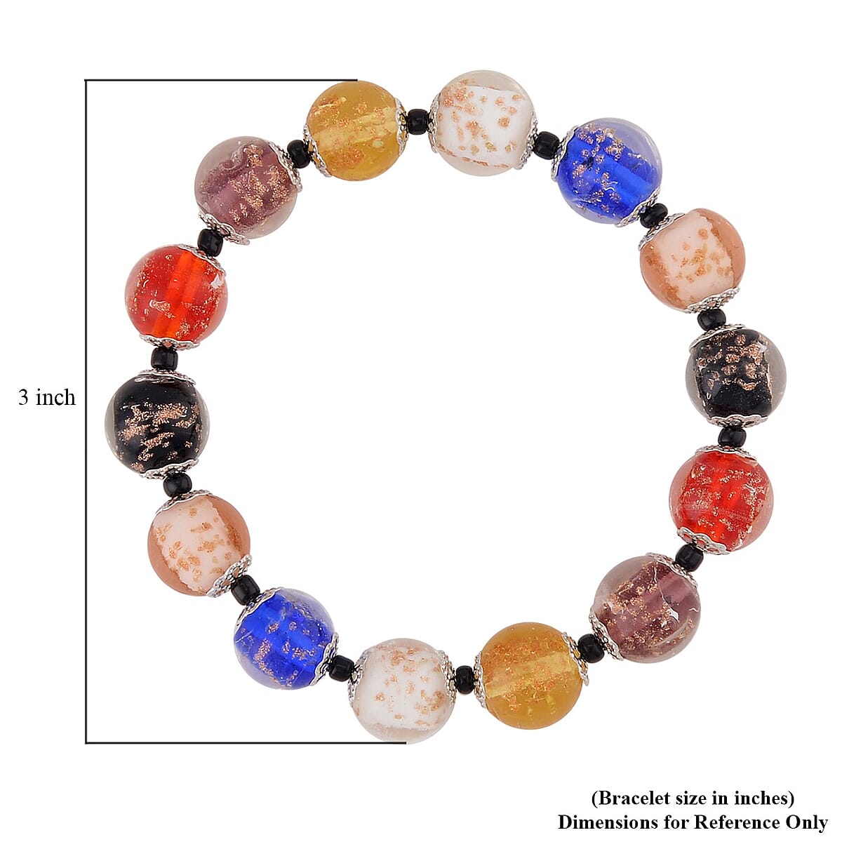 Multi Color Murano Style and Black Glass Beaded Stretch Bracelet in Silvertone image number 3