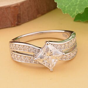 Moissanite Bypass Band Ring in Rhodium Over Sterling Silver (Size 6.0) 1.65 ctw