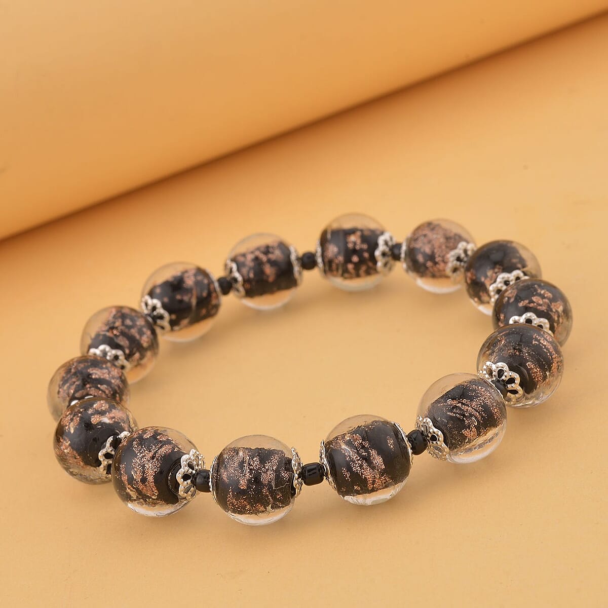 Black Color Murano Style and Black Glass Beaded Stretch Bracelet in Silvertone image number 1