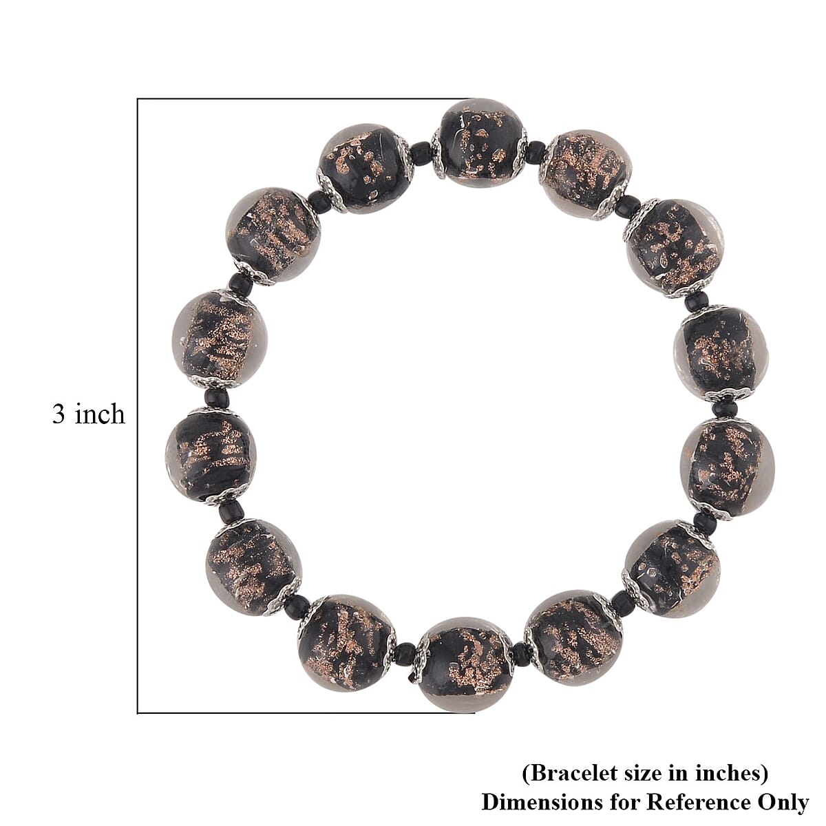 Black Color Murano Style and Black Glass Beaded Stretch Bracelet in Silvertone image number 3