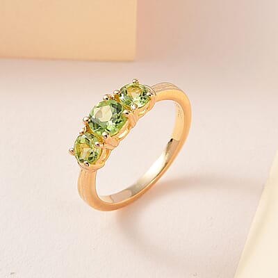 Arizona Peridot 3 Stone Ring in Vermeil Yellow Gold Over Sterling Silver (Size 10.0) 1.15 ctw