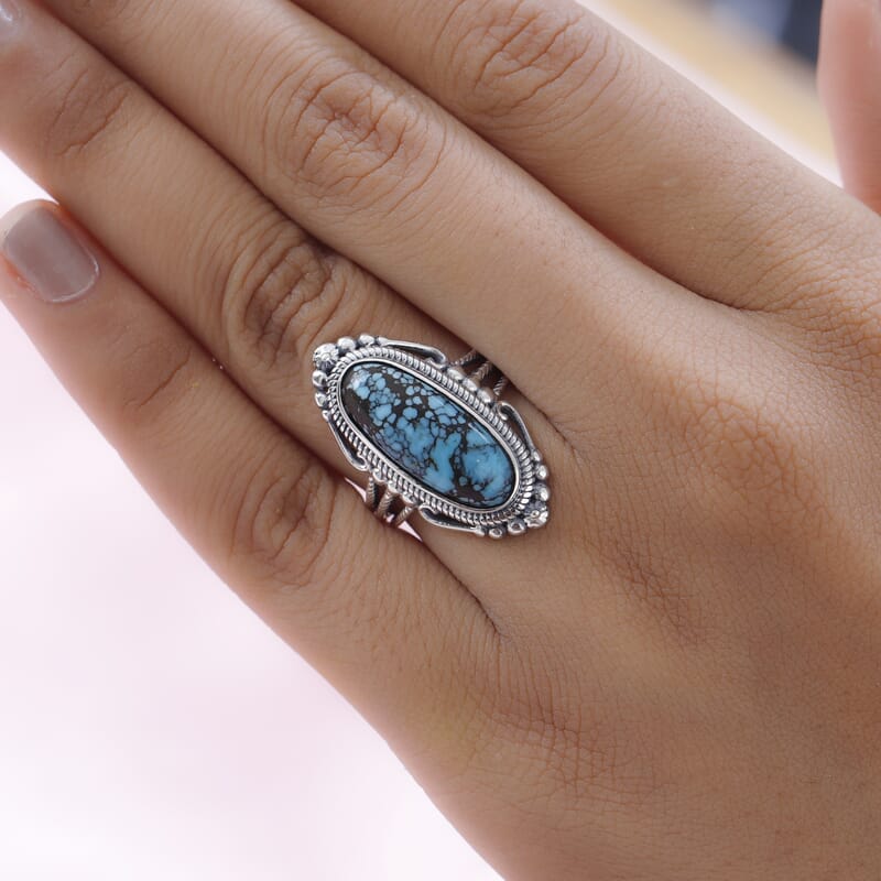 Artisan Crafted Blue Moon Turquoise Elongated Ring in Sterling Silver (Size 10.0) 5.35 ctw