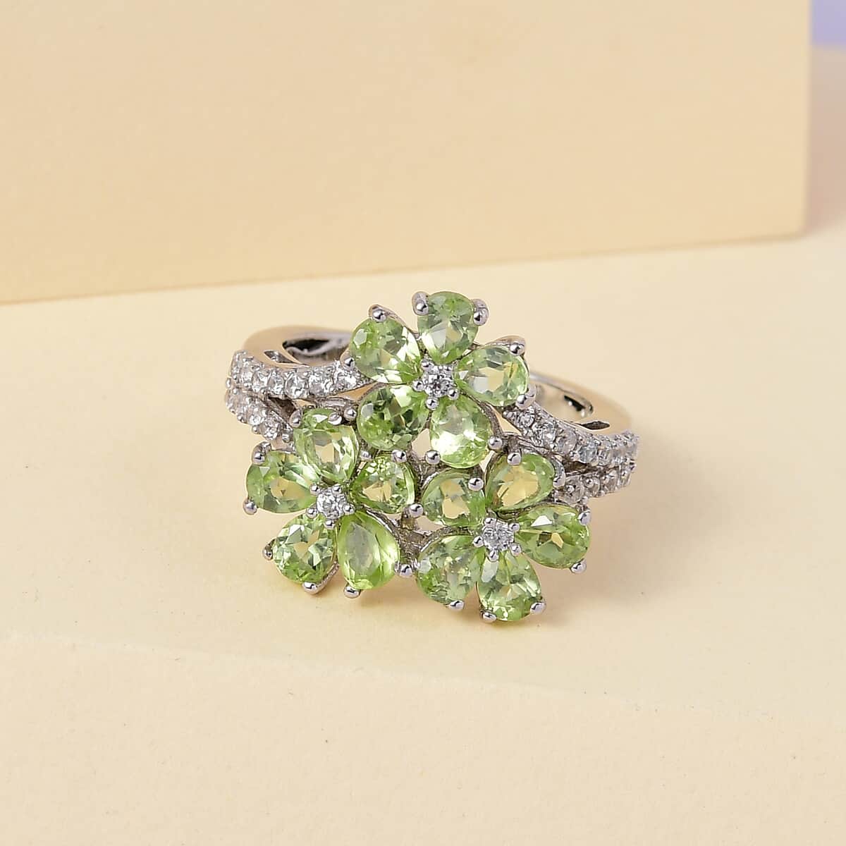 Arizona Peridot and White Zircon Floral Ring in Platinum Over Sterling Silver (Size 8.0) 3.00 ctw image number 1