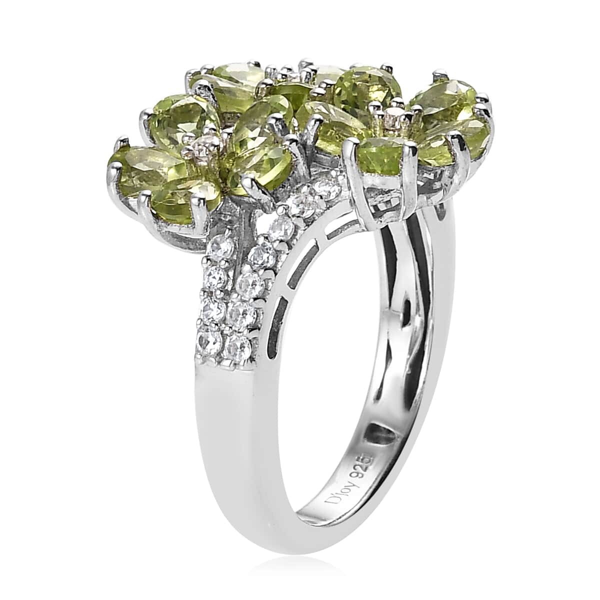 Arizona Peridot and White Zircon Floral Ring in Platinum Over Sterling Silver (Size 8.0) 3.00 ctw image number 3