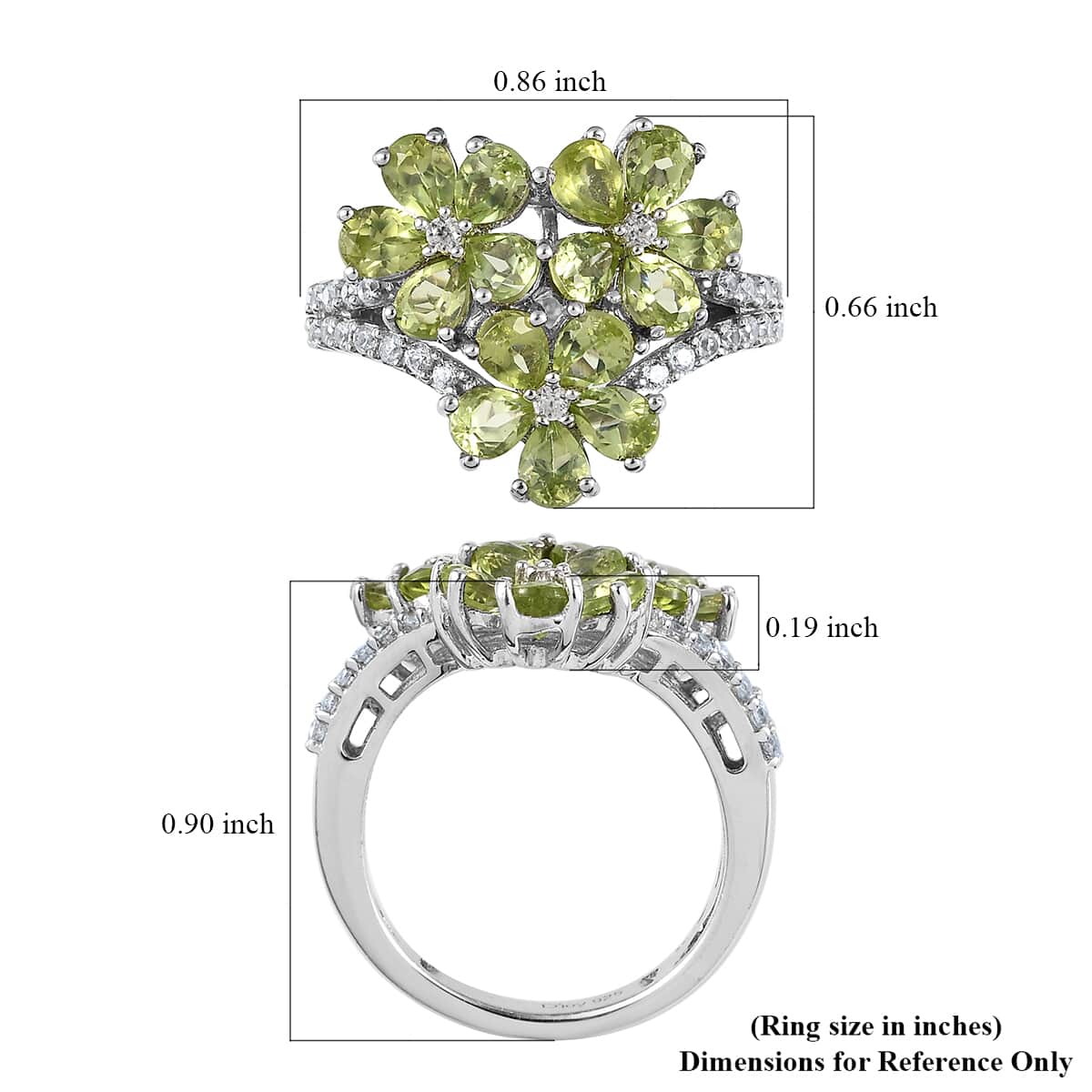 Arizona Peridot and White Zircon Floral Ring in Platinum Over Sterling Silver (Size 8.0) 3.00 ctw image number 5