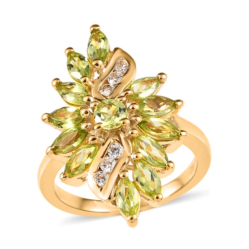 Arizona Peridot and White Zircon Elongated Ring in Vermeil YG Over Sterling Silver (Size 10.0) 2.15 ctw