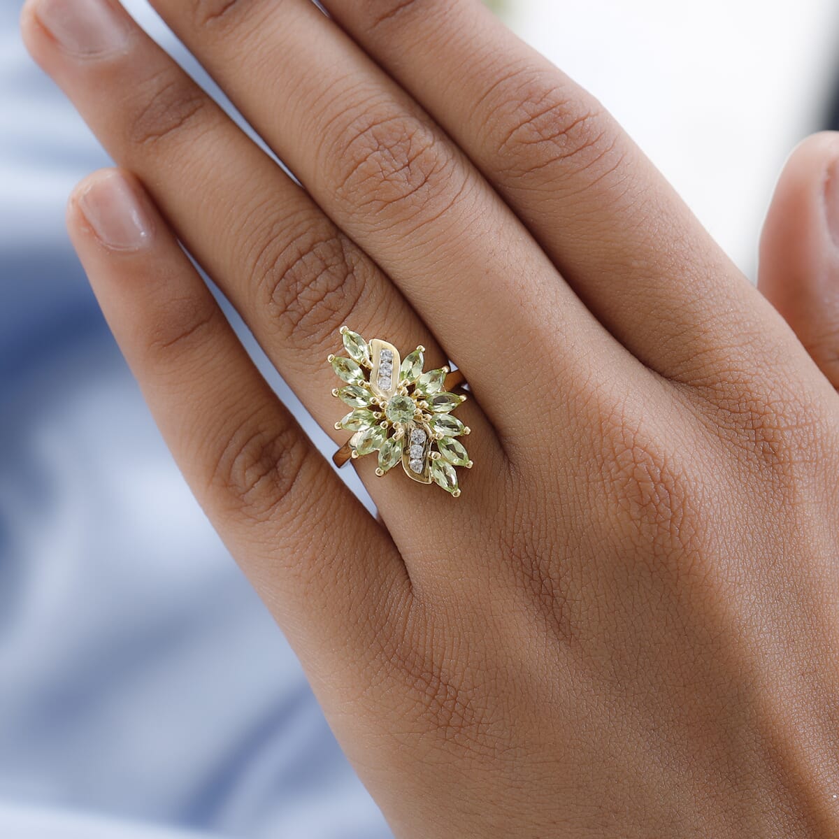 American Natural Arizona Peridot and Natural White Zircon Elongated Ring in Vermeil YG Over Sterling Silver 2.15 ctw image number 2