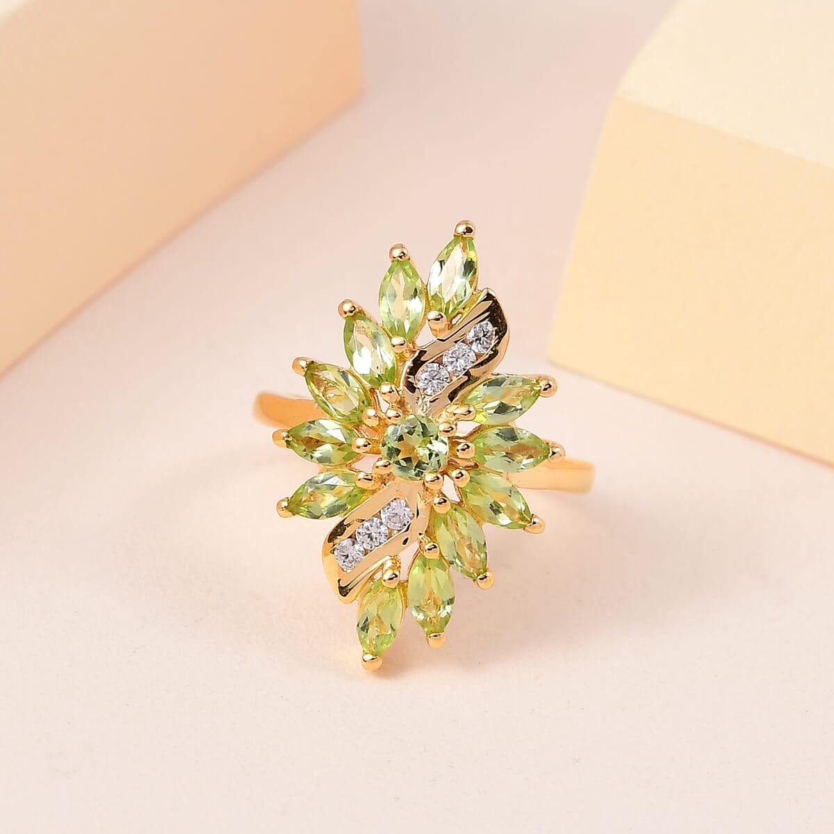 Arizona Peridot and White Zircon Elongated Ring in Vermeil YG Over Sterling Silver (Size 8.0) 2.15 ctw image number 1