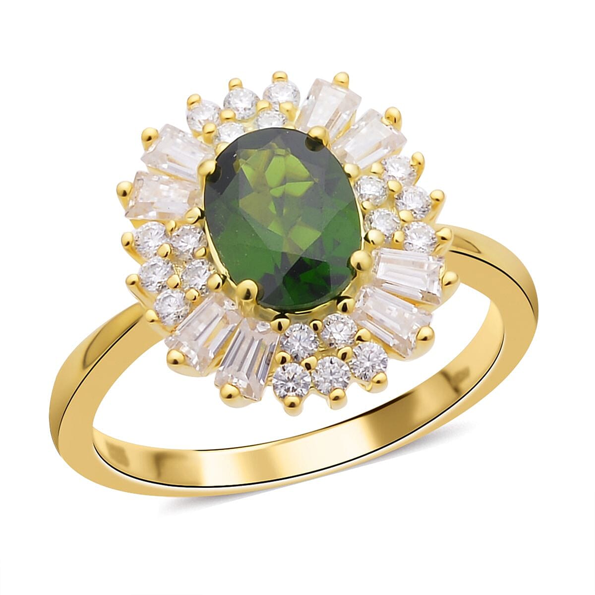 Chrome Diopside and Moissanite Halo Spray Ring in Vermeil Yellow Gold Over Sterling Silver (Size 6.0) 2.10 ctw