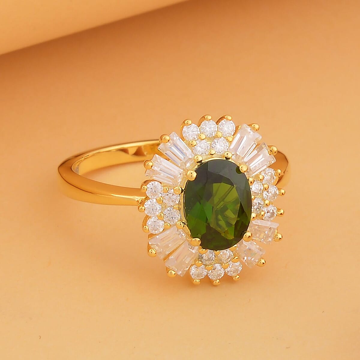 Chrome Diopside and Moissanite Halo Spray Ring in Vermeil Yellow Gold Over Sterling Silver (Size 9.0) 2.10 ctw image number 1