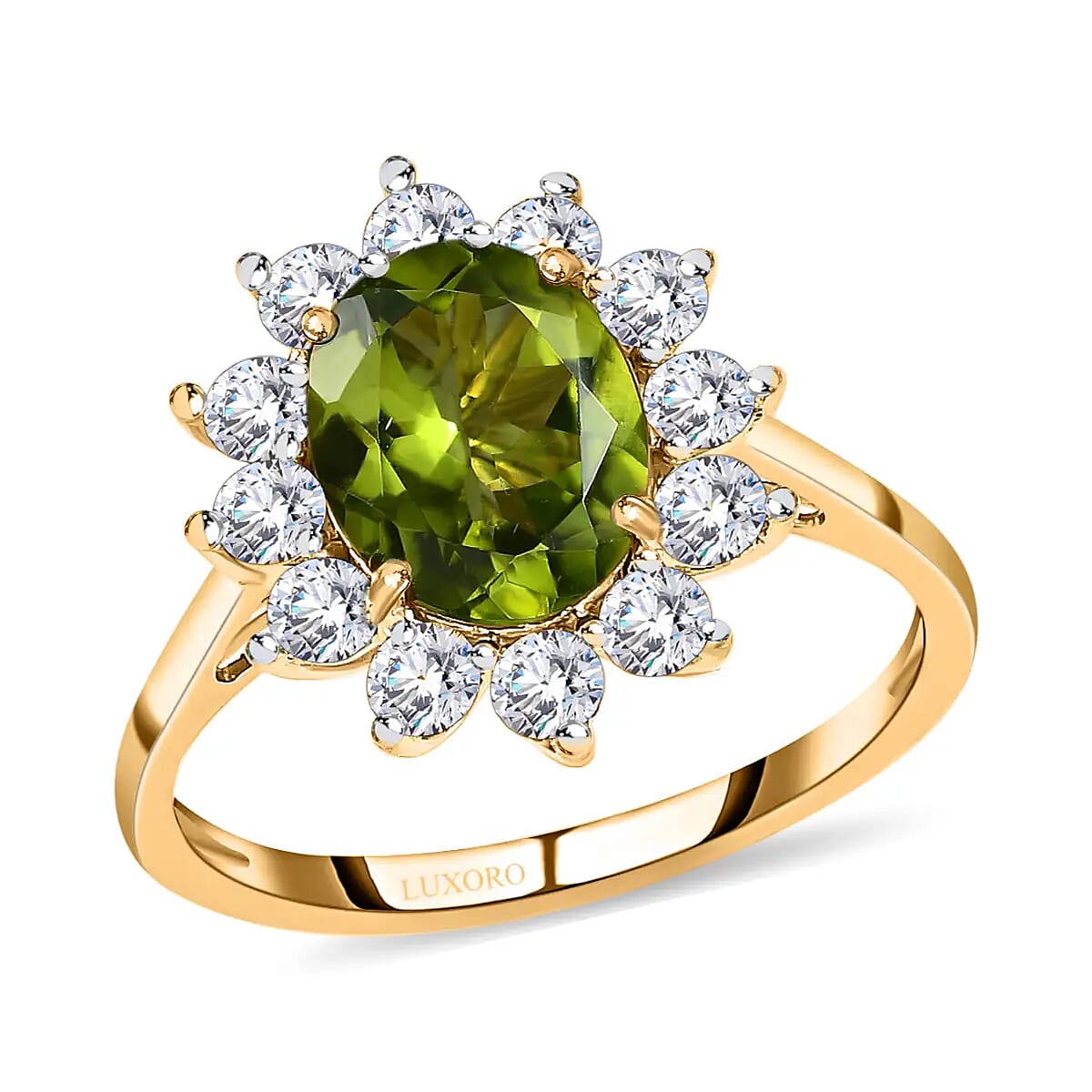 Luxoro Premium Arizona Peridot Ring, 10K Yellow Gold Ring, Sunburst Halo Ring, Moissanite Accent Ring, Wedding Ring 2.50 ctw image number 0