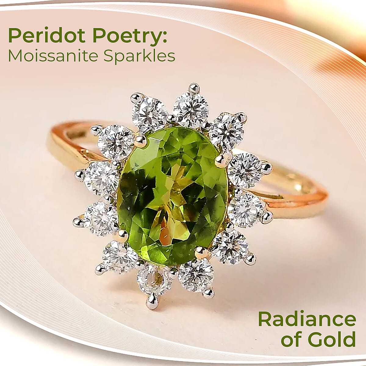 Luxoro Premium Arizona Peridot Ring, 10K Yellow Gold Ring, Sunburst Halo Ring, Moissanite Accent Ring, Wedding Ring 2.50 ctw image number 1