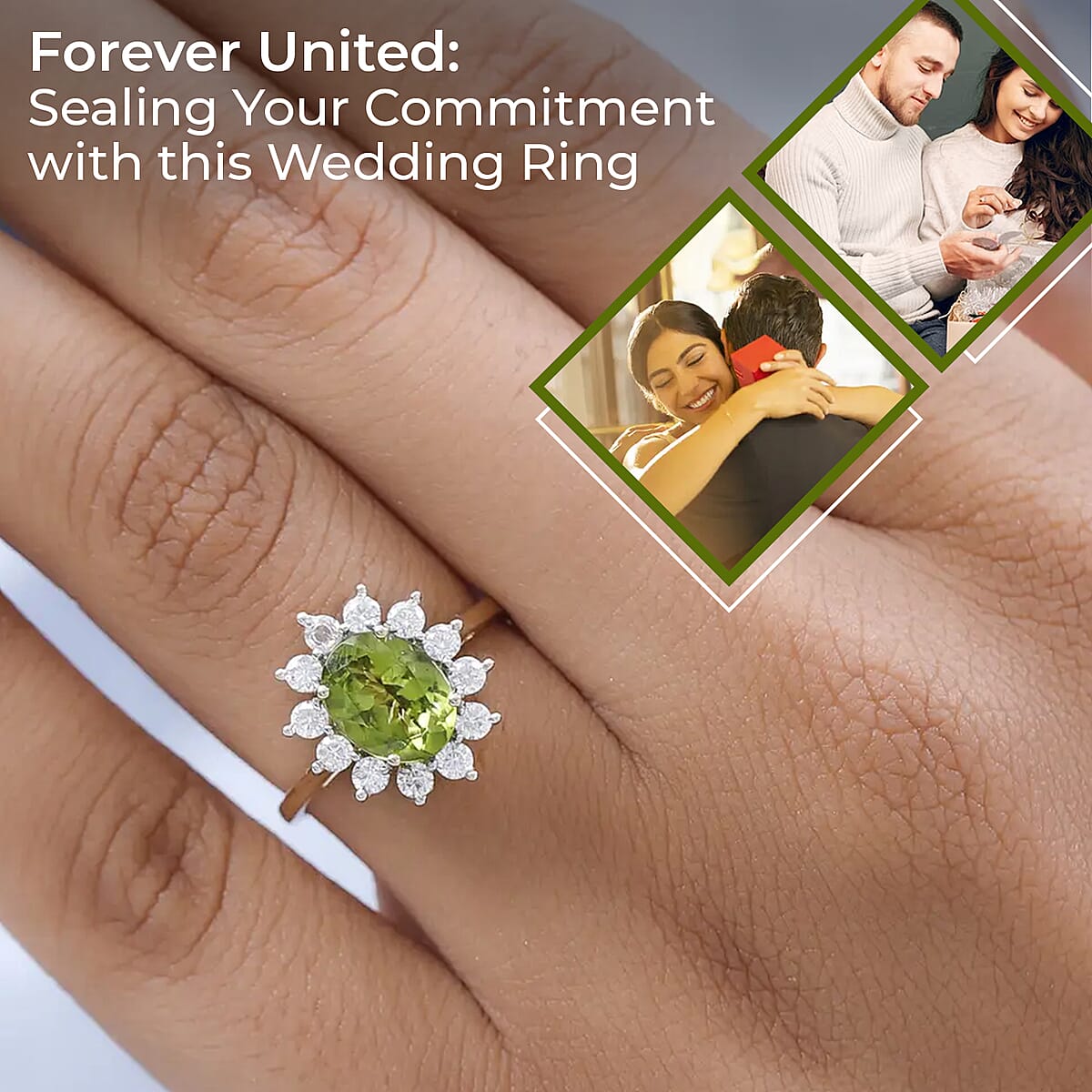 Luxoro Premium Arizona Peridot Ring, 10K Yellow Gold Ring, Sunburst Halo Ring, Moissanite Accent Ring, Wedding Ring 2.50 ctw image number 2