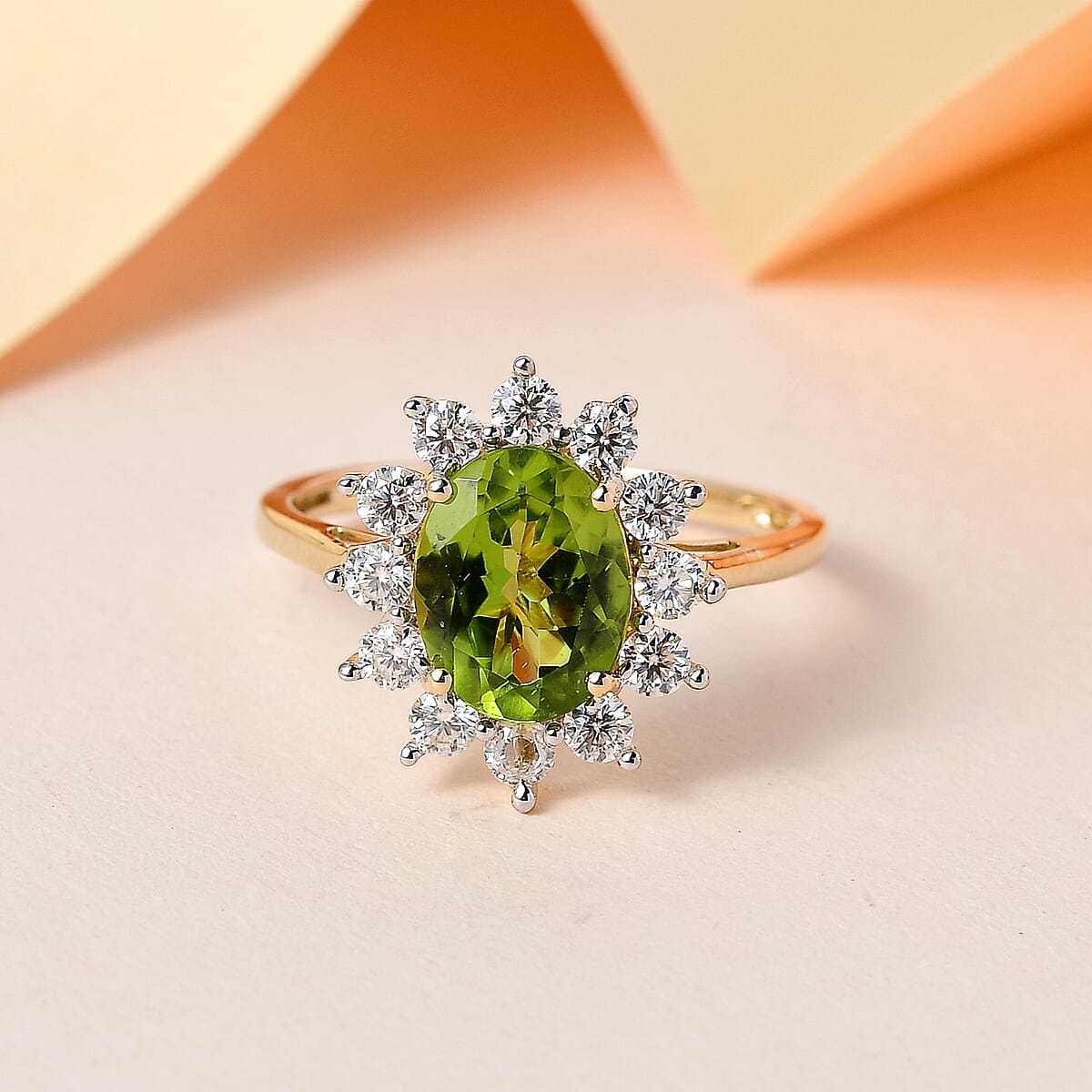 Luxoro Premium Arizona Peridot Ring, 10K Yellow Gold Ring, Sunburst Halo Ring, Moissanite Accent Ring, Wedding Ring 2.50 ctw image number 1