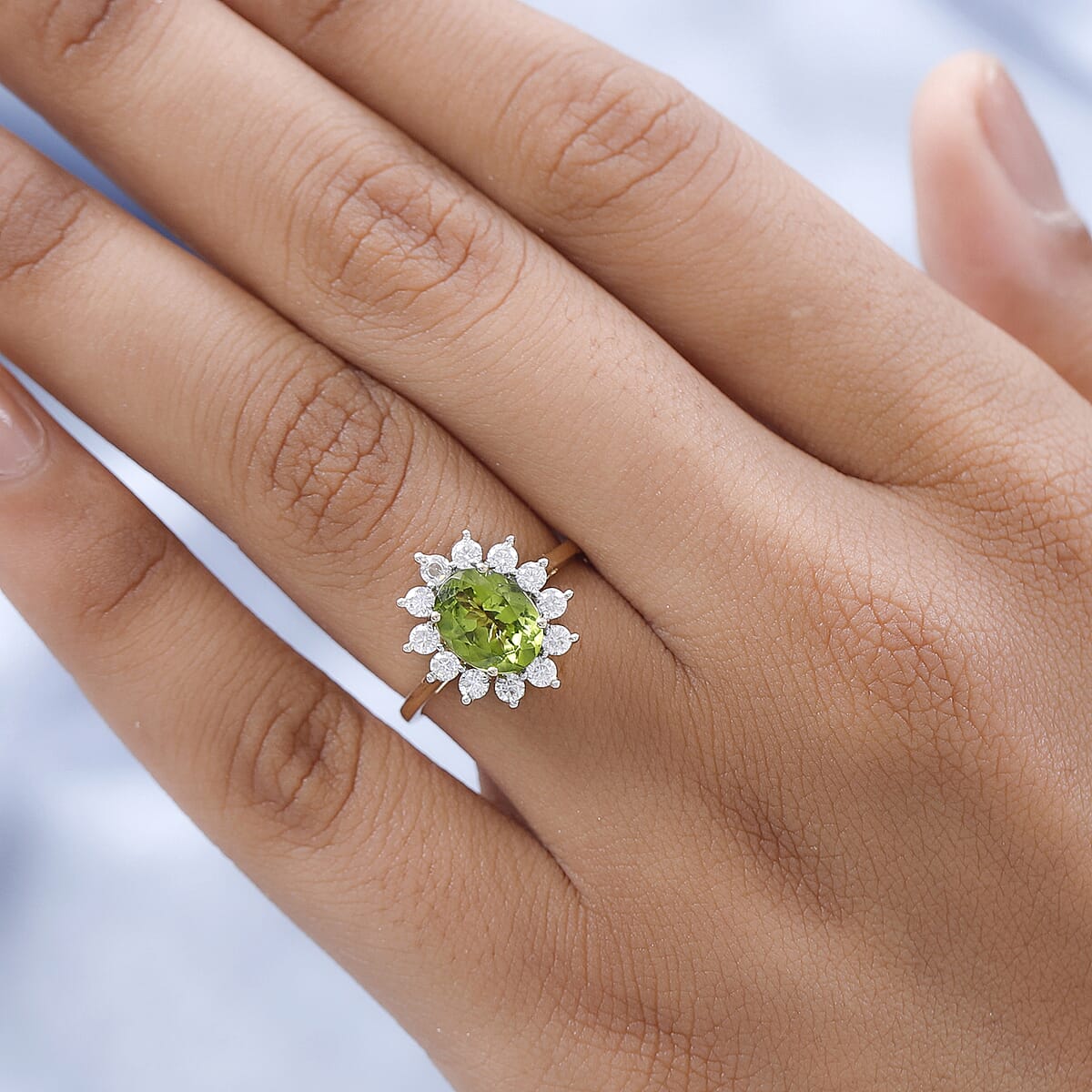 Luxoro Premium Arizona Peridot Ring, 10K Yellow Gold Ring, Sunburst Halo Ring, Moissanite Accent Ring, Wedding Ring 2.50 ctw image number 2